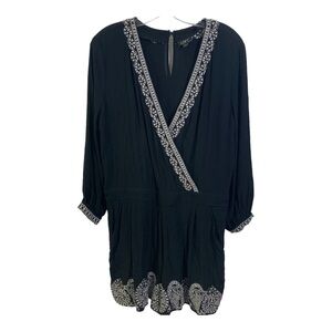 The Loft Women’s Black Romper with White Embroidered Paisley Trim at neck hem